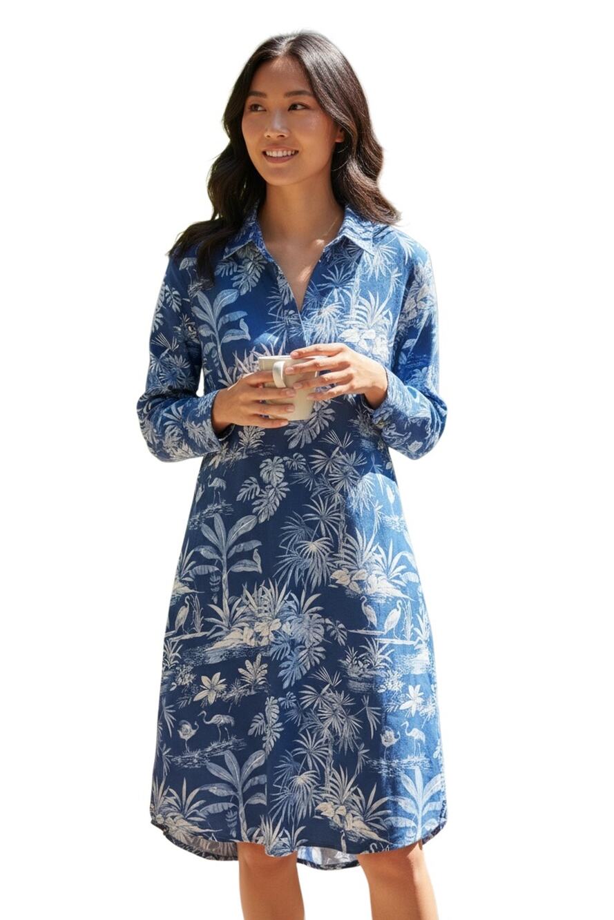 J.Mclaughlin Charlee Knit Catalina Cloth Printed Split V-Neck Long Slv Dress XS